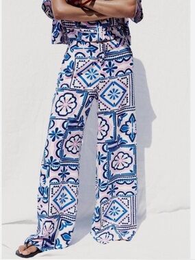 Zara White Blue and Pink printed wide leg palazzo pants NWT